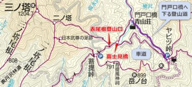 ヤビツ峠・門戸口橋へ下る登山道の地図