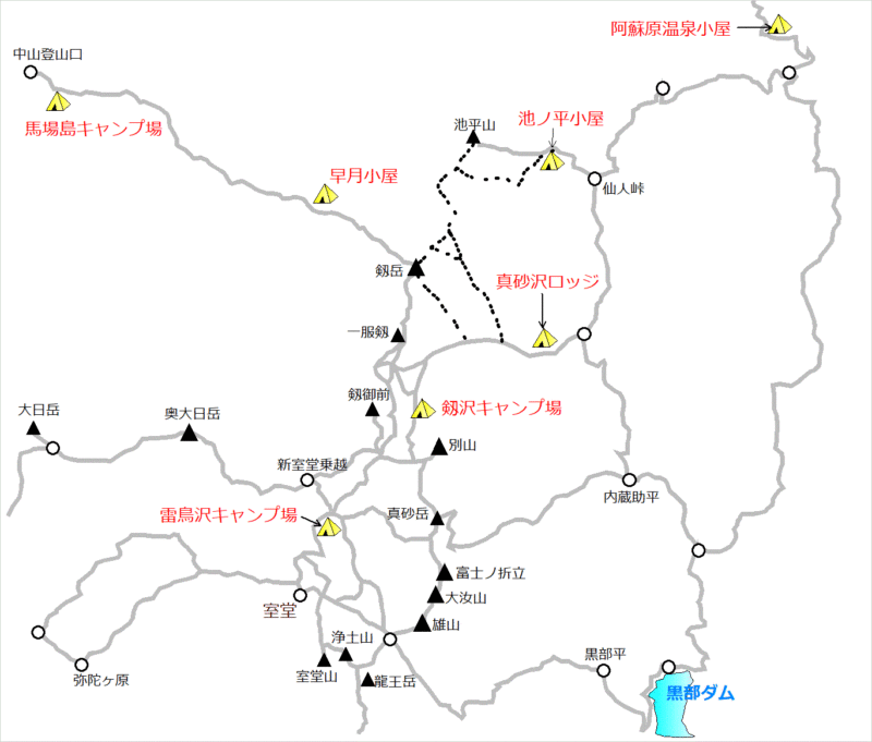 剱岳～立山エリアのテント場マップ