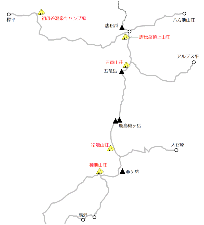 唐松岳～五竜岳～鹿島槍ヶ岳のテント場マップ