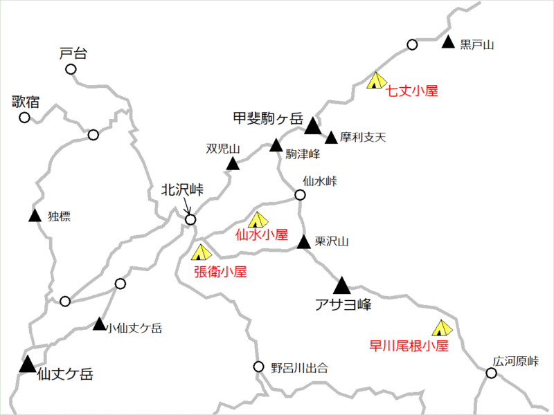 甲斐駒ヶ岳～仙丈ケ岳のテント場マップ