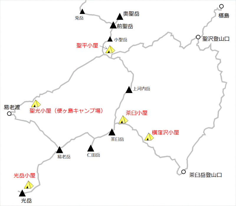 聖岳～光岳エリアのテント場マップ