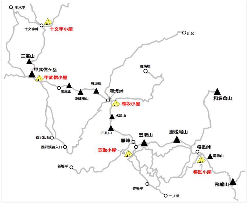 飛龍山～甲武信ヶ岳エリアのテント場マップ