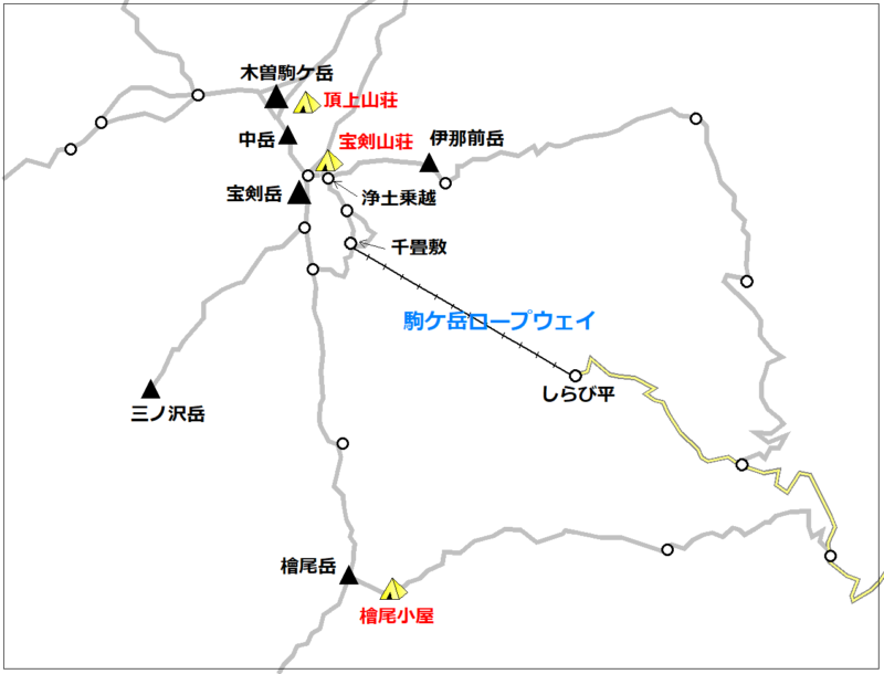 中央アルプス・木曽駒ケ岳周辺エリアテント場マップ