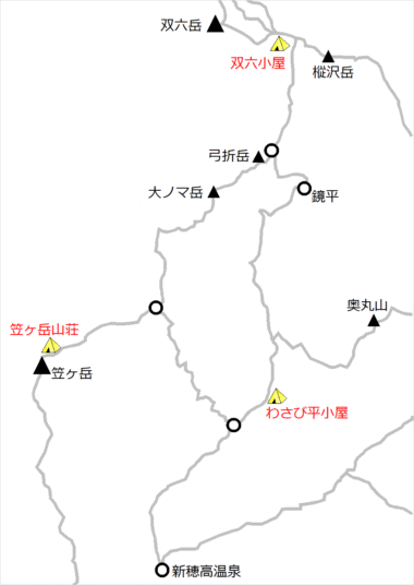 双六・笠ヶ岳エリアのテント場マップ