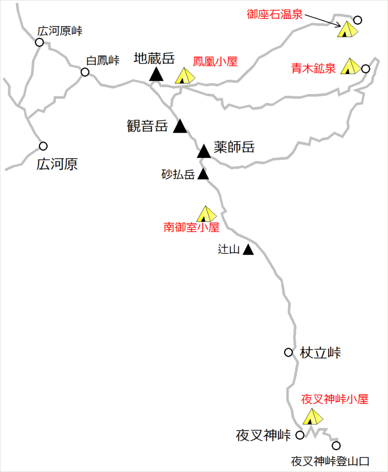 鳳凰三山エリアのテント場マップ
