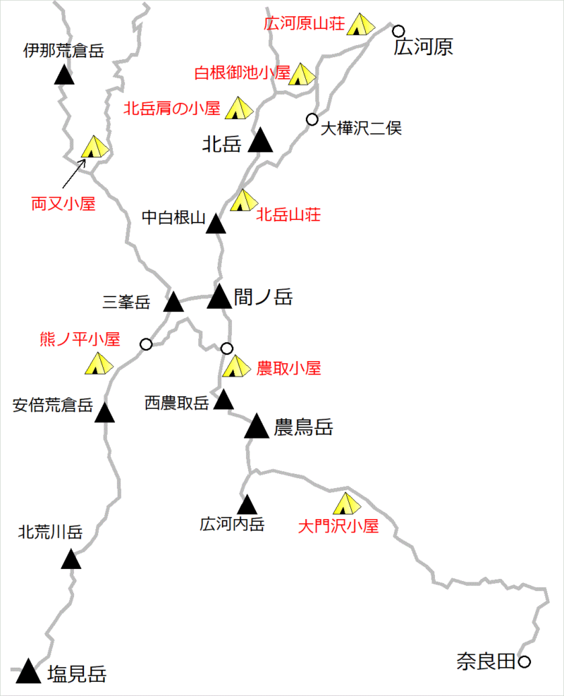 北岳・白峰三山エリアのテント場マップ