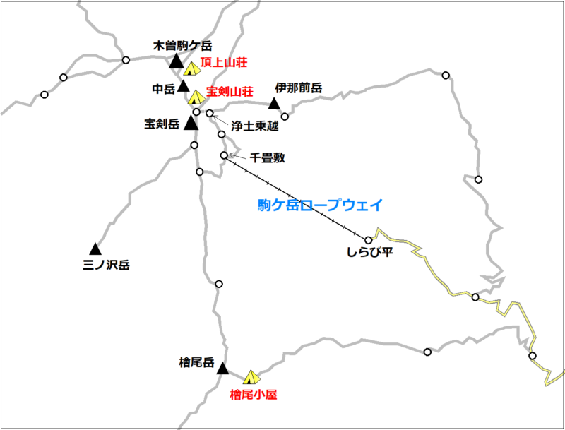 中央アルプス・木曽駒ケ岳周辺テント場マップ