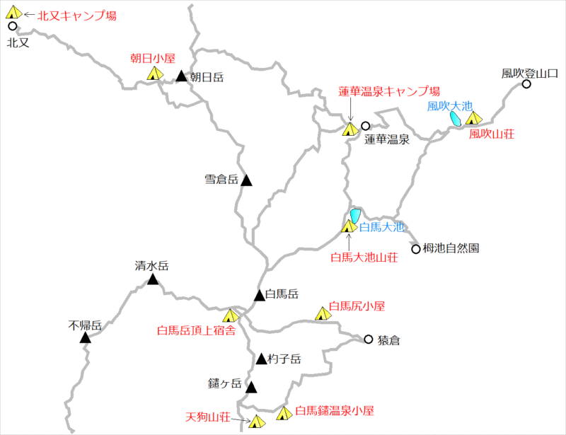 白馬岳周辺エリア／テント場マップ