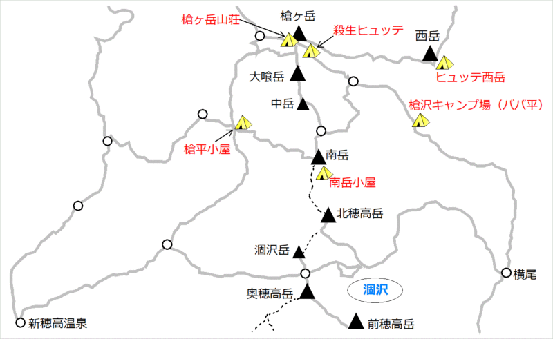 槍ヶ岳周辺エリア／テント場マップ