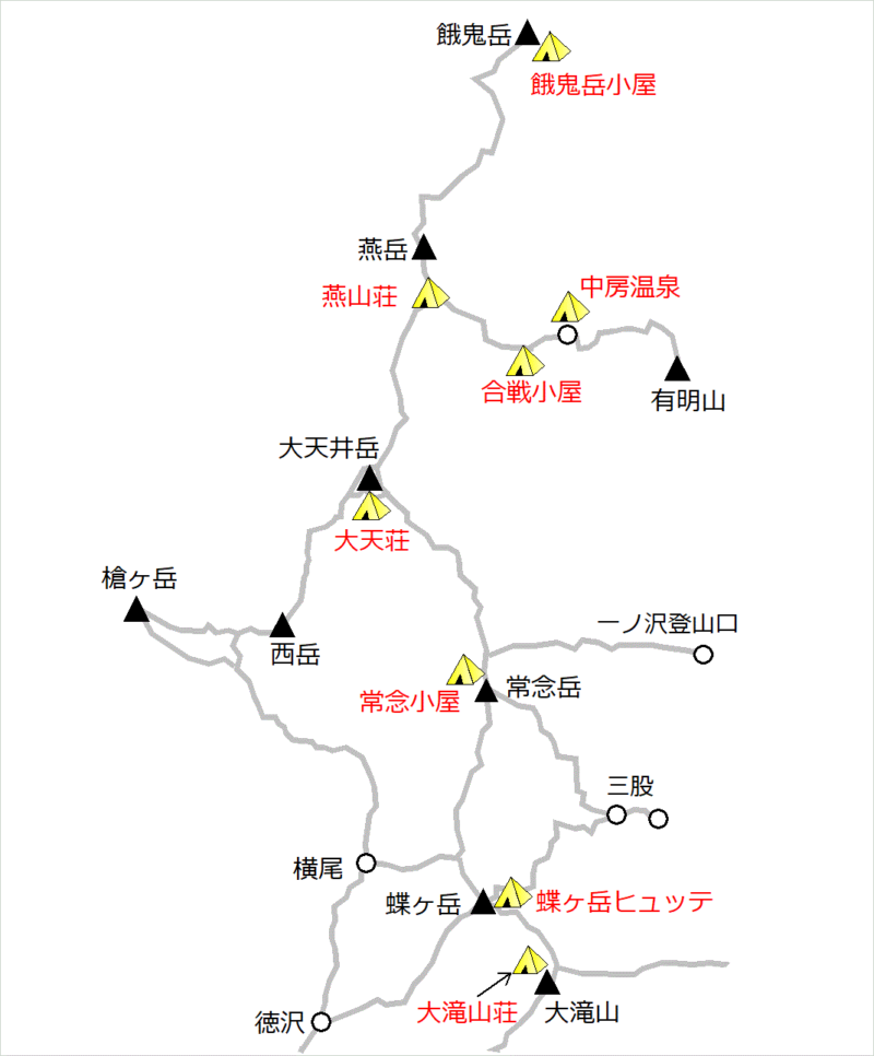 中房温泉～常念山脈エリア／テント場マップ