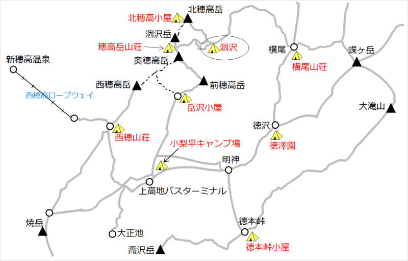 上高地～涸沢・穂高エリア／テント場マップ