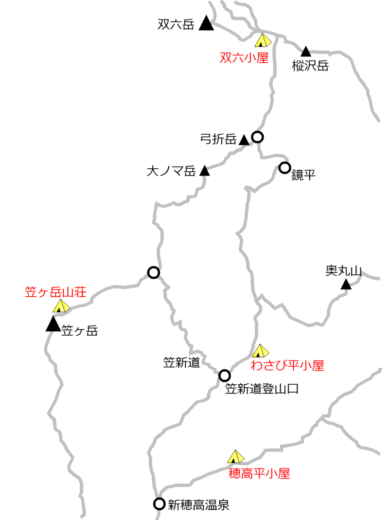 双六岳～笠ヶ岳エリアのテント場マップ