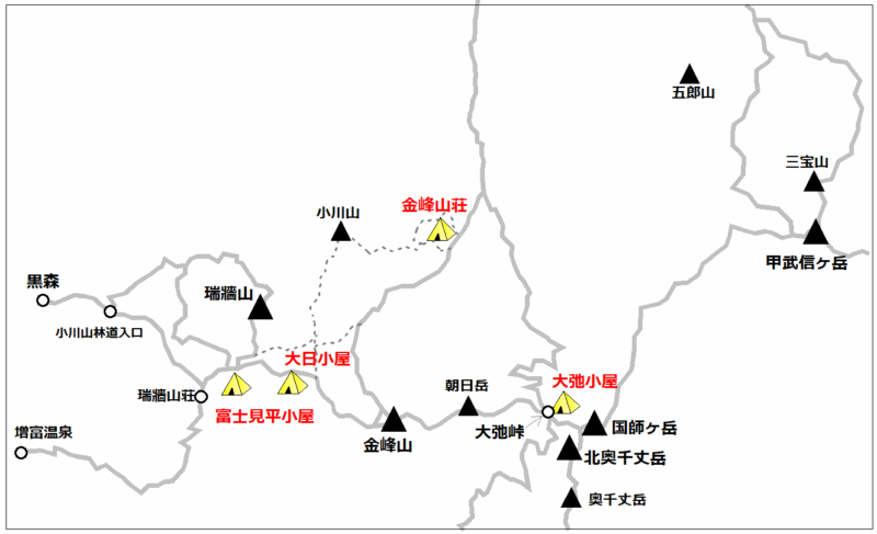 国師ヶ岳～瑞牆山エリア／テント場マップ