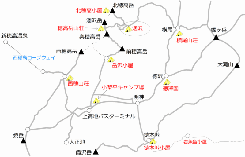 上高地～涸沢・穂高エリア／テント場マップ
