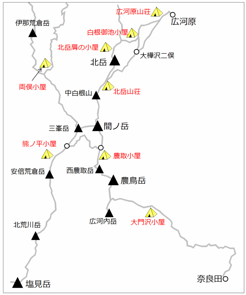 広河原～北岳・白峰三山エリア／テント場マップ