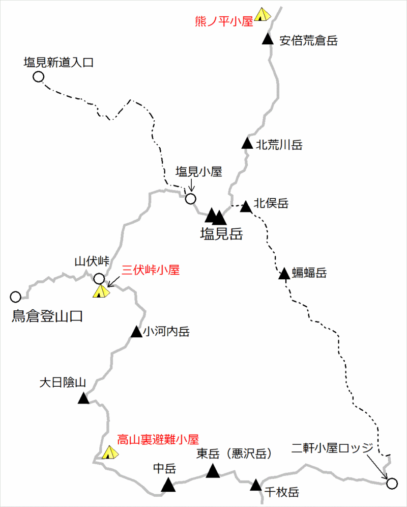 塩見岳周辺エリア／テント場マップ