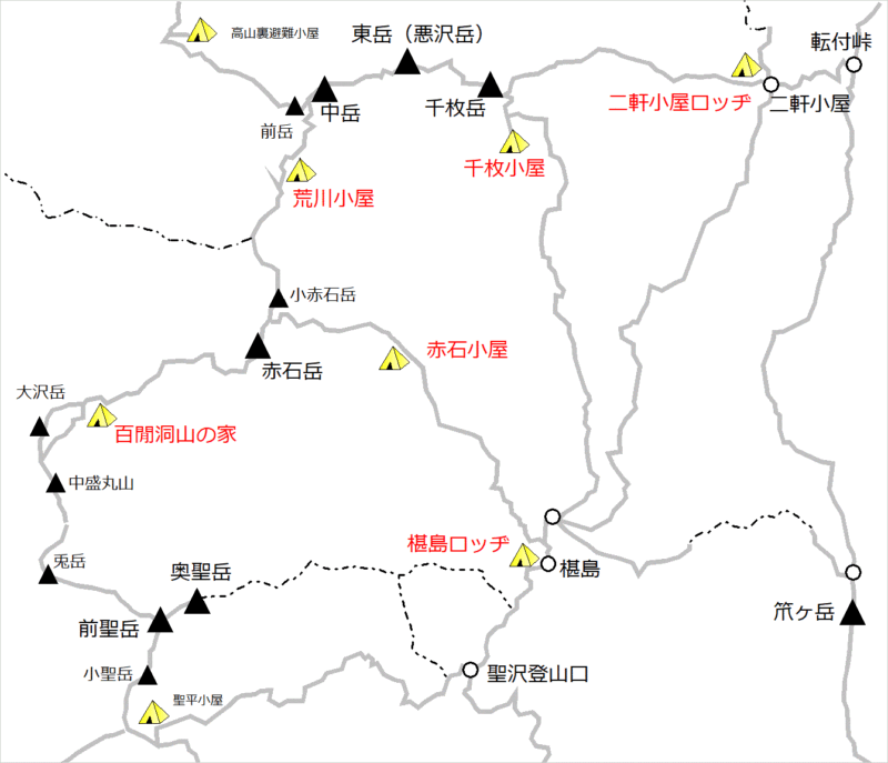椹島～赤石・荒川エリア／テント場マップ