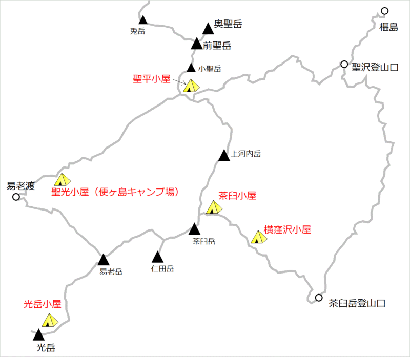 聖岳・光岳エリア／テント場マップ