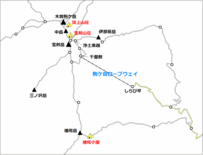 
木曽駒ケ岳周辺エリア／テント場マップ