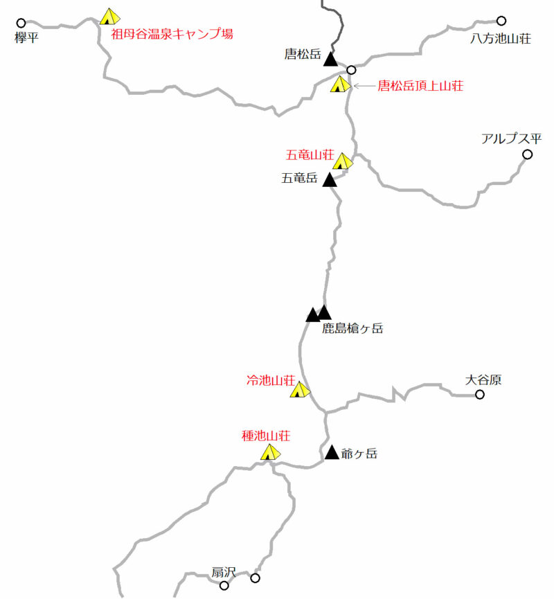 五竜岳～鹿島槍ヶ岳のテント場マップ
